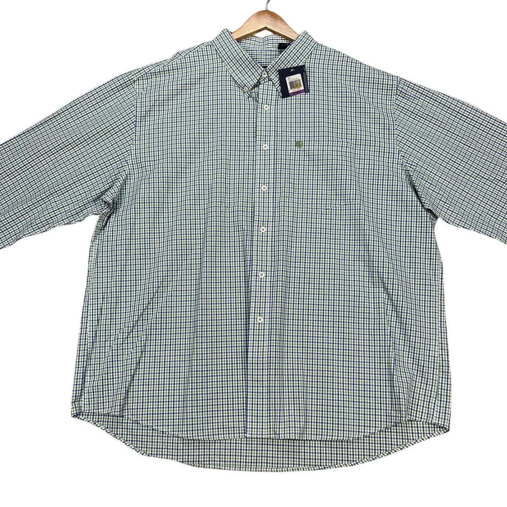 IZOD Shirt Mens 2XL Green Blue Gingham Check Long Sleeve Button Down Woven